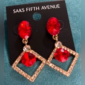 Saks Fifth Avenue Ruby Red and Gold Drop Earrings
